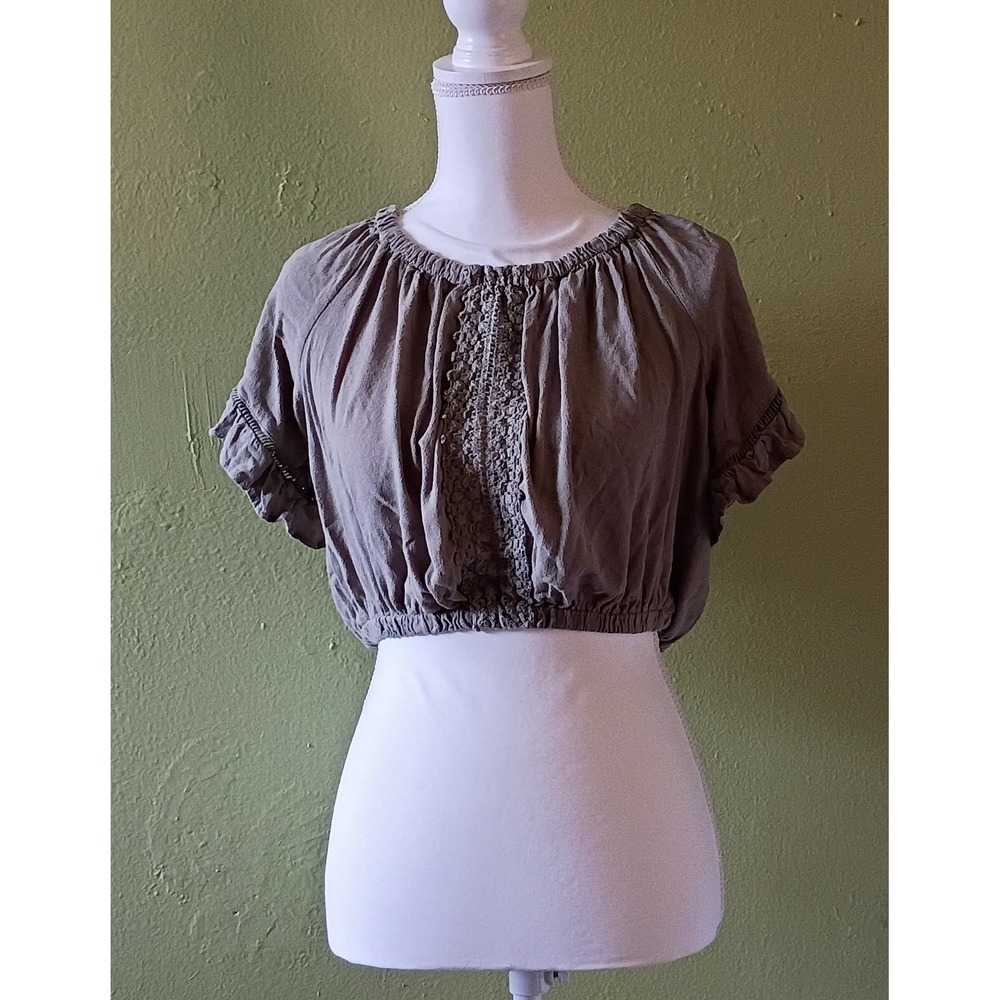 Cottagecore Peasant Olive Ocean Drive Milkmaid Crop Top Blouse Womens M Medium